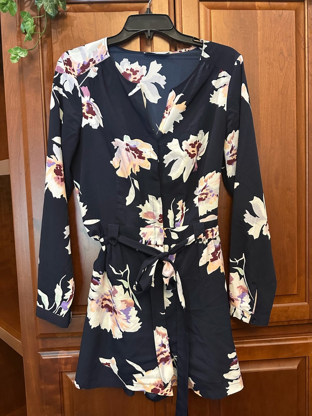 Dalia Navy Floral Long-Sleeve Tie-Belt Romper